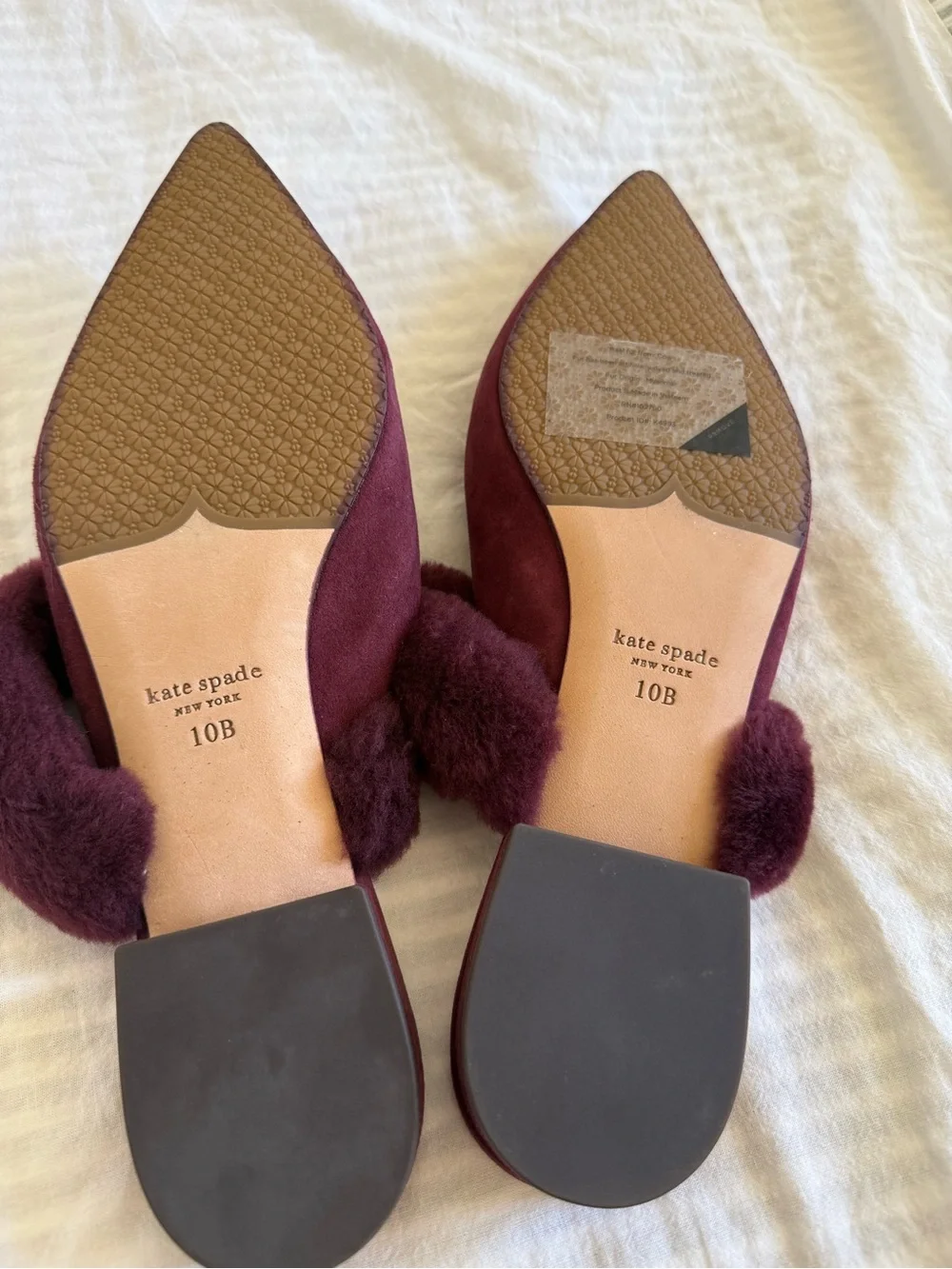 kate spade Wine Suede Pointed-Toe Fur-Trim Mules